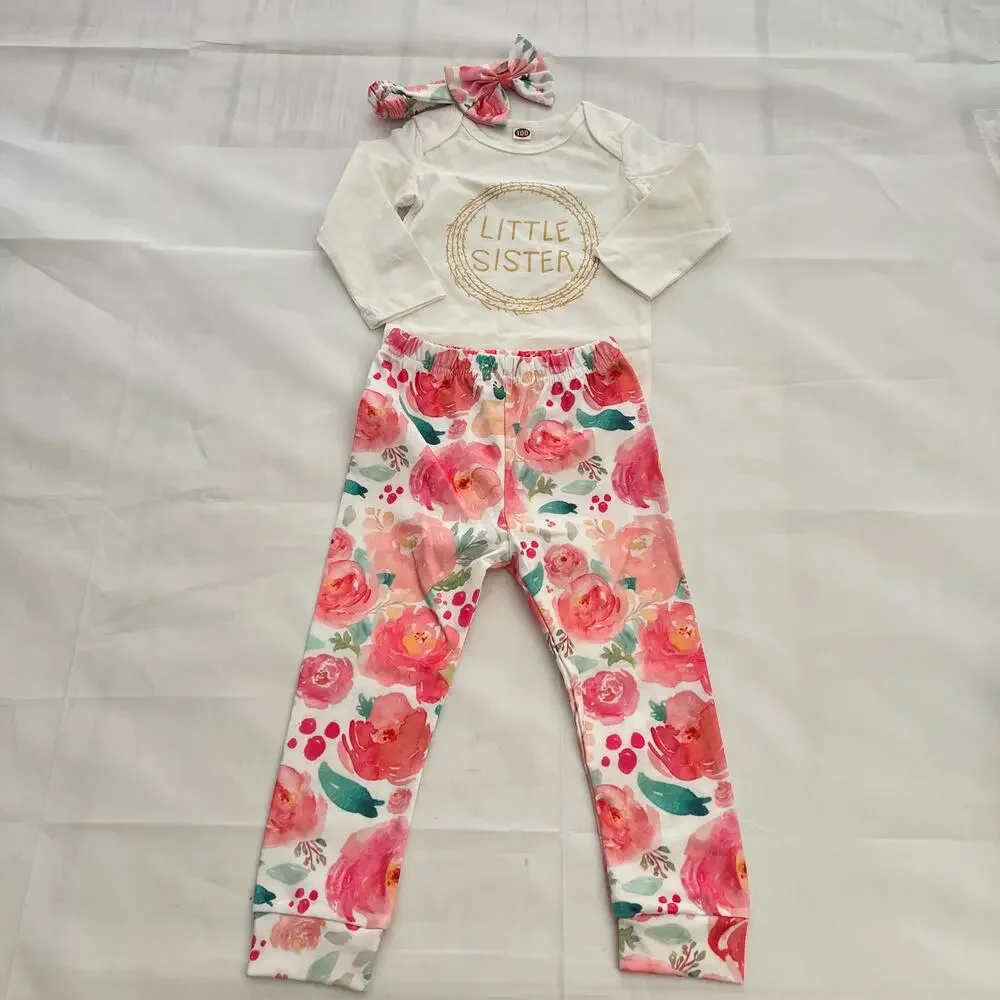 LittleSister Outfit Matching Baby Girl clothes LongSleeve Floral Pant Set 12-18M